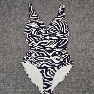 Anne Cole Women One Piece Swimsuit Zebra Print‎ Ruched V-Neck Navy White Size 8